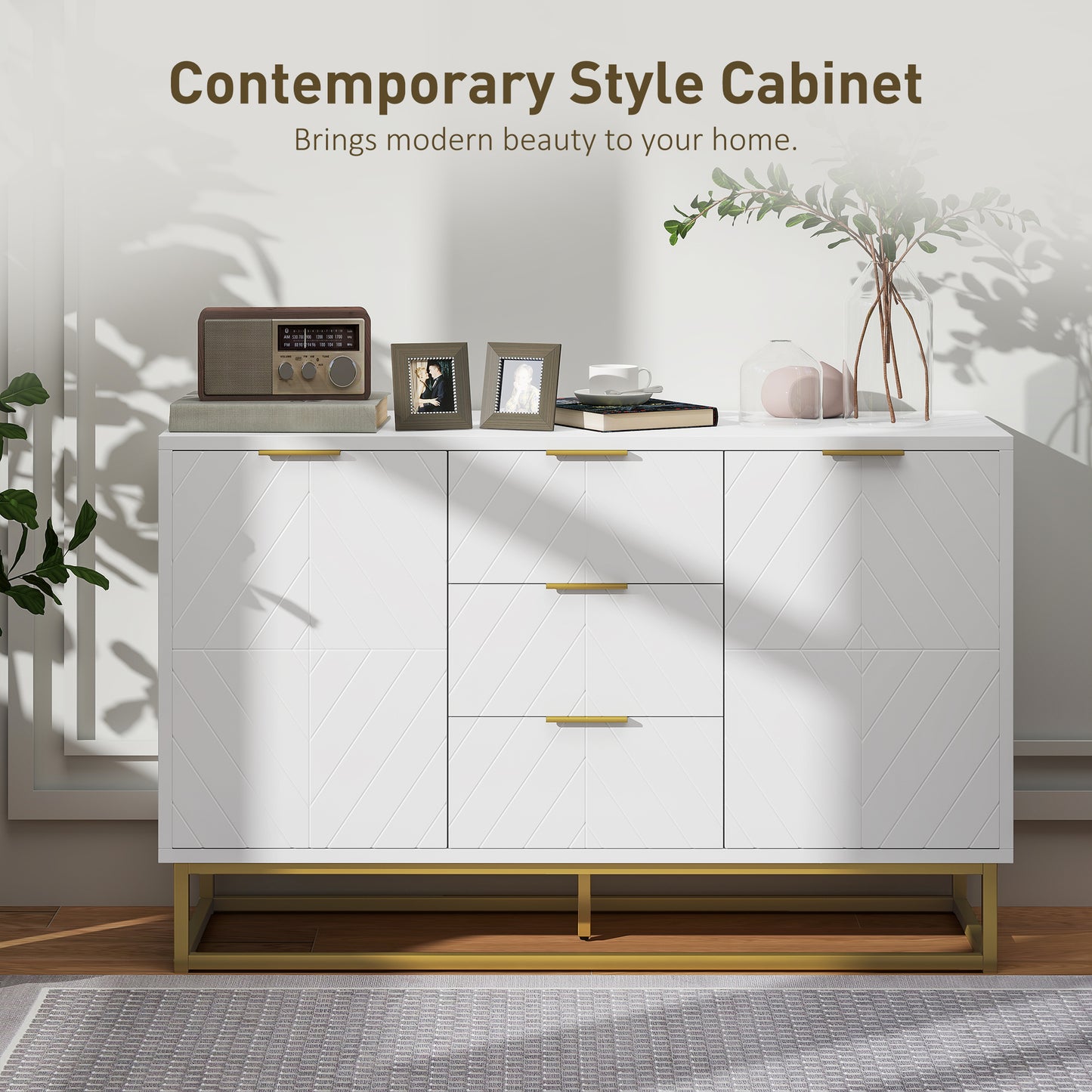 Luka White Sideboard 3 Drawers 2 Doors Chevron Design Gold Accents