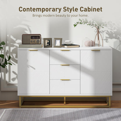 Luka White Sideboard 3 Drawers 2 Doors Chevron Design Gold Accents
