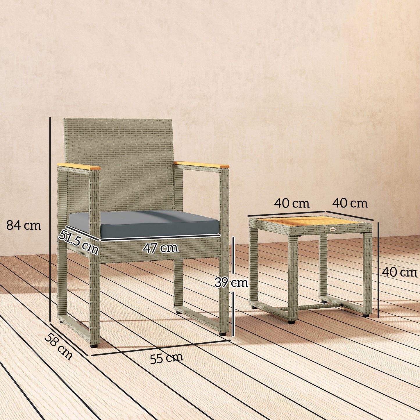 Viyofi Rattan Grey and Natural 3 Piece Outdoor Garden Bistro Set With Cushions