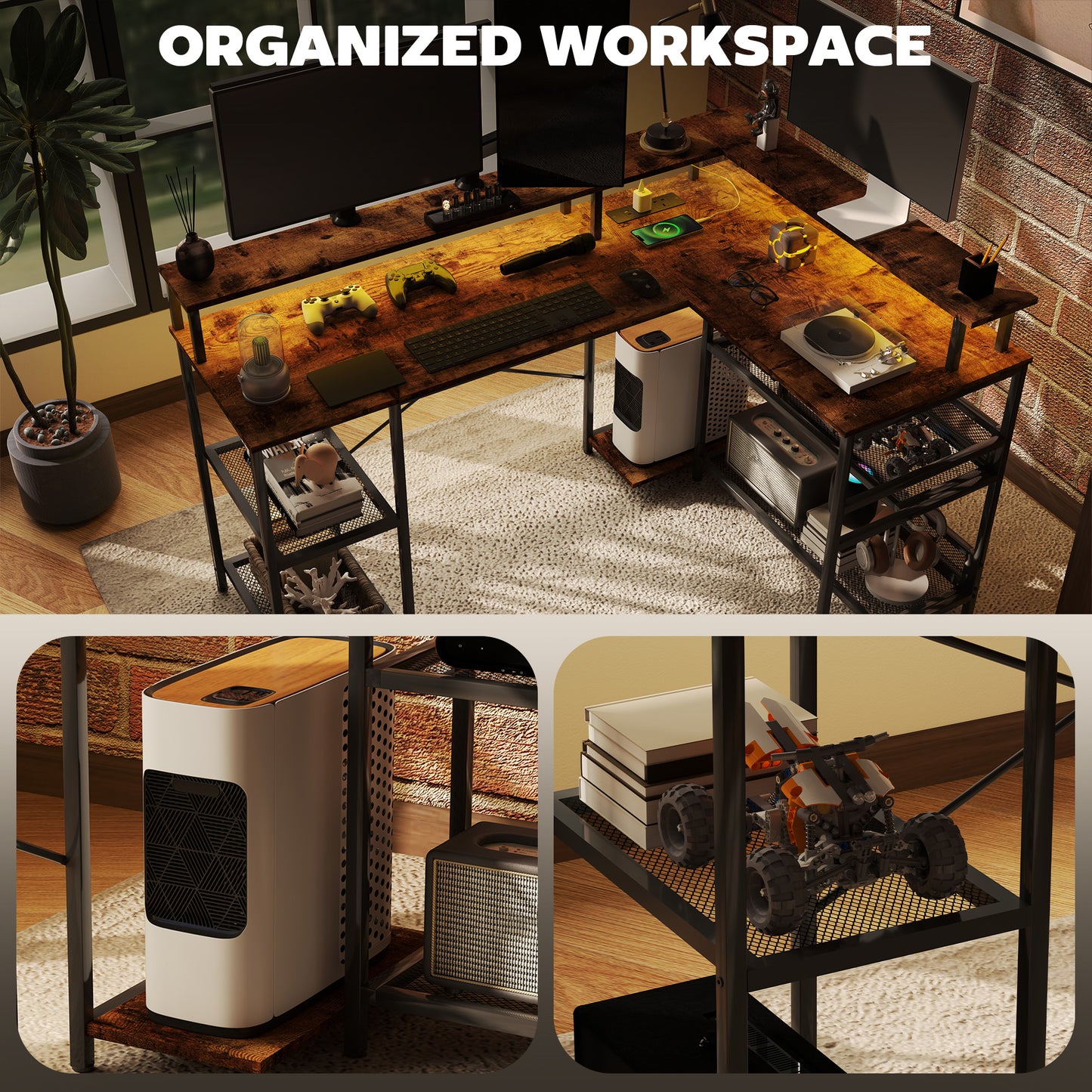 Mosovi Brown L Shaped Desk With Built In LED Lighting And Shelves
