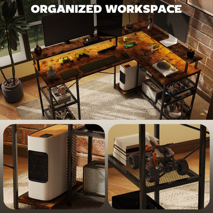 Mosovi Brown L Shaped Desk With Built In LED Lighting And Shelves