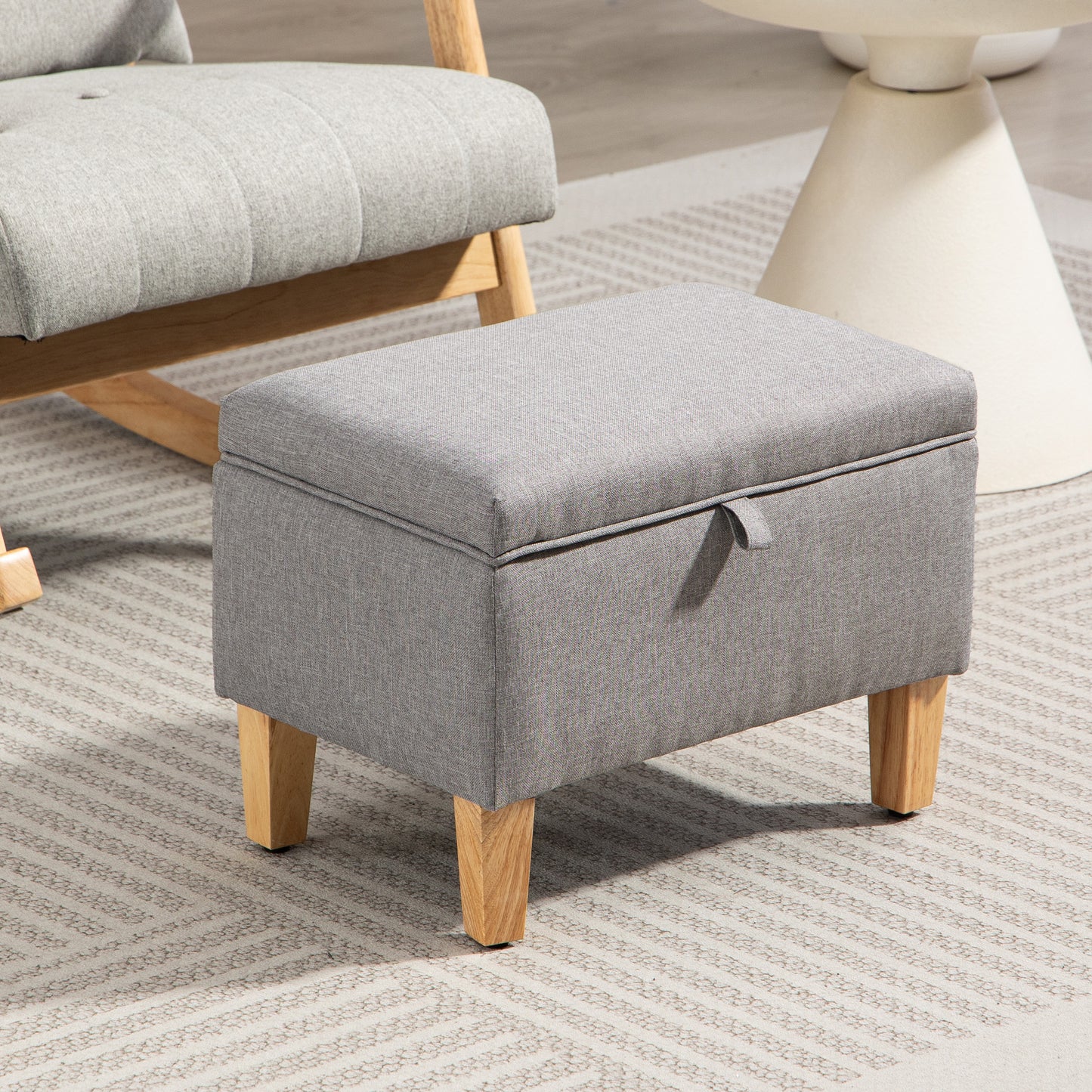 Tonale Linen Light Grey Compact Storage Footstool With Natural Wooden Legs