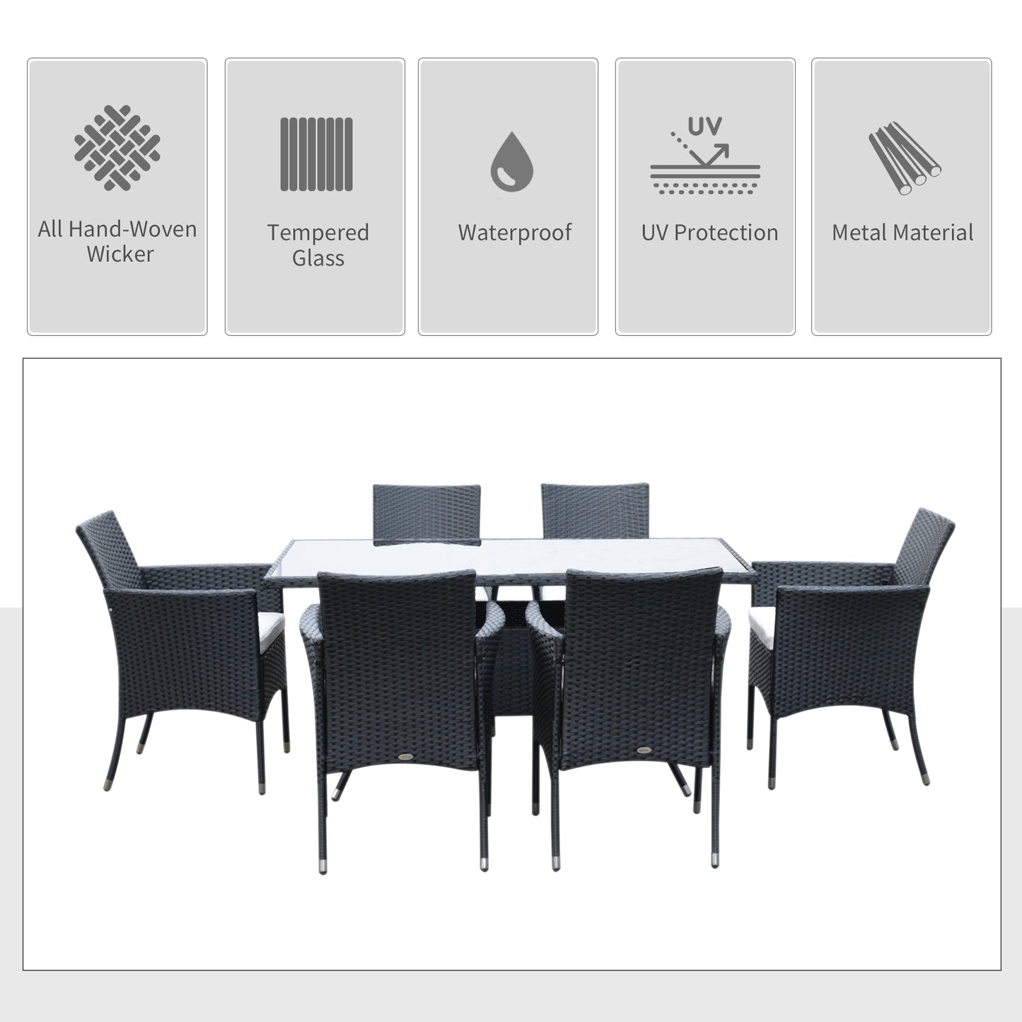 Loreke Black Rattan 6 Seater Outdoor Dining Set With Armchairs And Glass Top Table