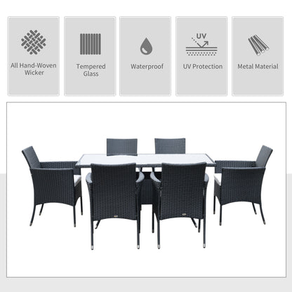 Loreke Black Rattan 6 Seater Outdoor Dining Set With Armchairs And Glass Top Table