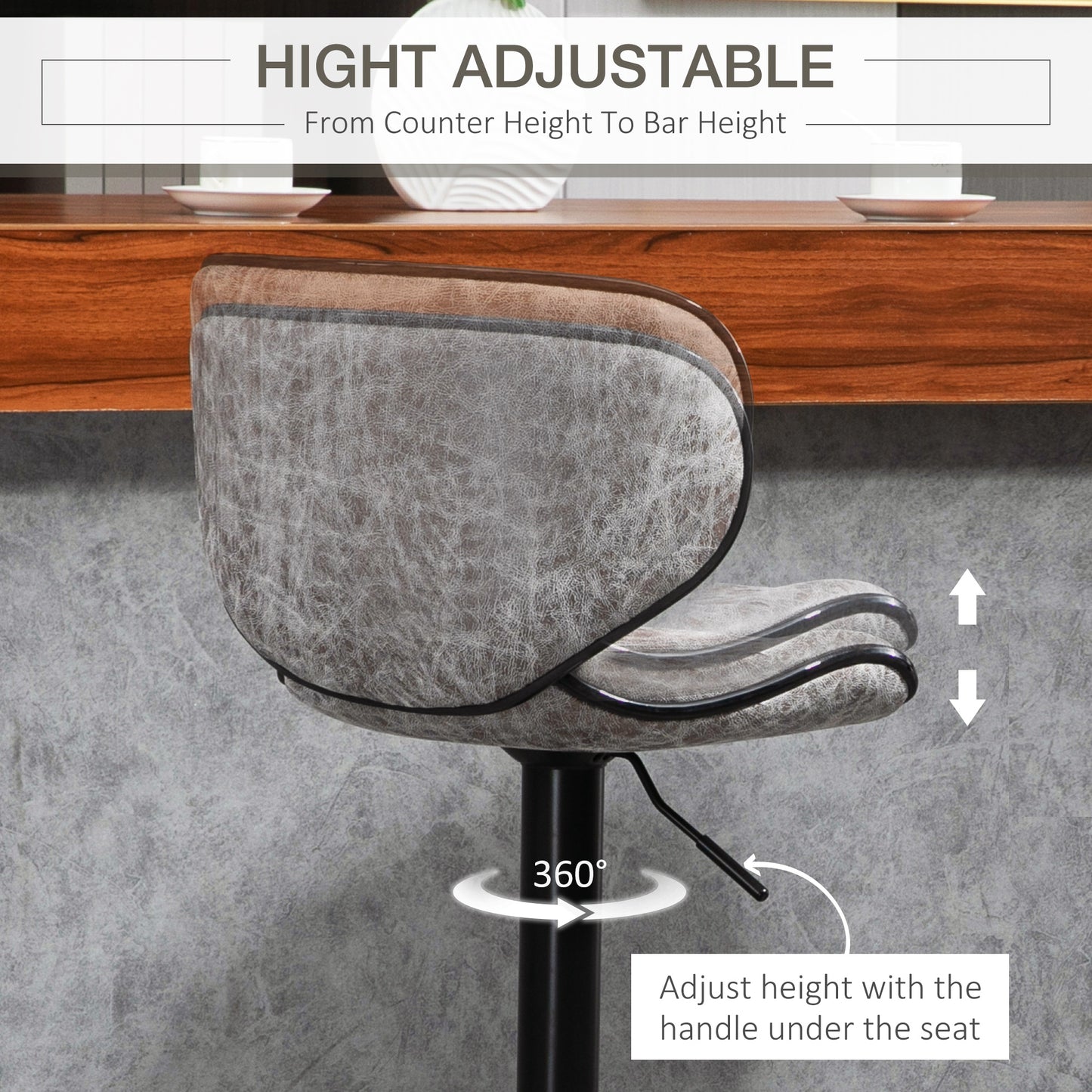 Lila Microfiber Grey Adjustable Swivel Bar Stools Set Of 2 With Armless Design