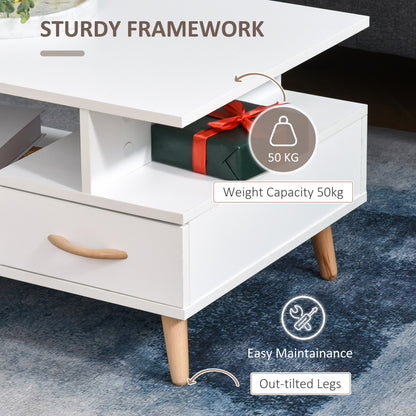 Lusayo Wooden White Minimalist Coffee Table With Storage Shelf And Drawer