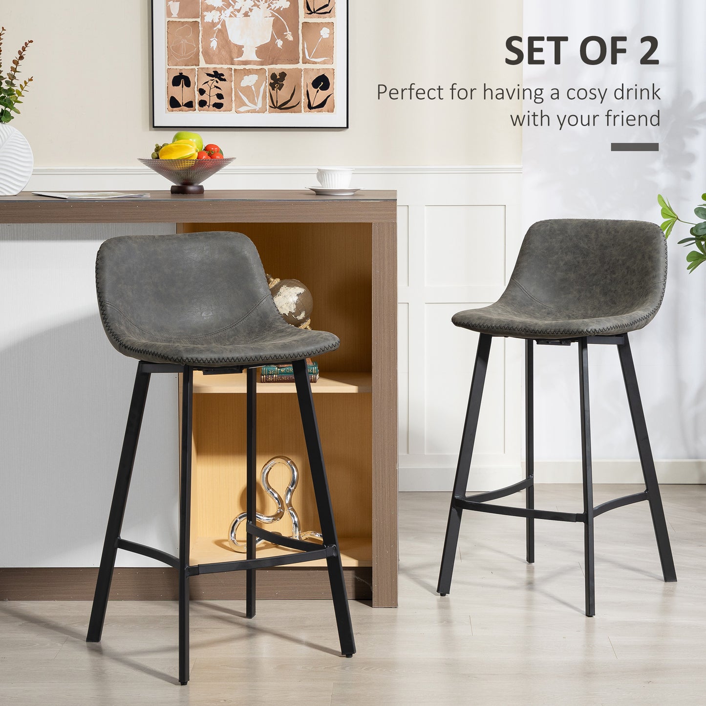Nora Set Of 2 Grey Faux Leather Dining Bar Stools With Back And Foot Support