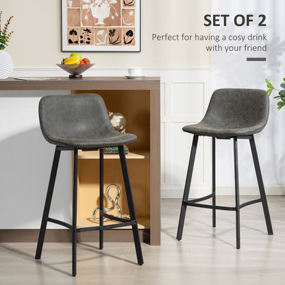 Nora Set Of 2 Grey Faux Leather Dining Bar Stools With Back And Foot Support