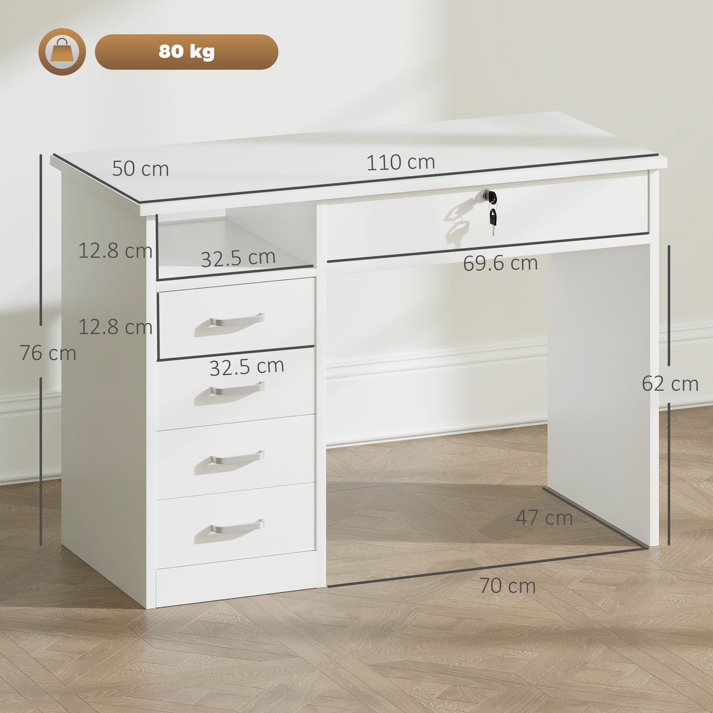 Fizita 110cm White Home Office Desk With 5 Storage Drawers