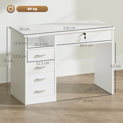 Fizita 110cm White Home Office Desk With 5 Storage Drawers