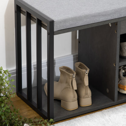 Vifava Neyo Grey Wood and Black Metal Upholstered Entryway Shoe Bench With 3 Shelves
