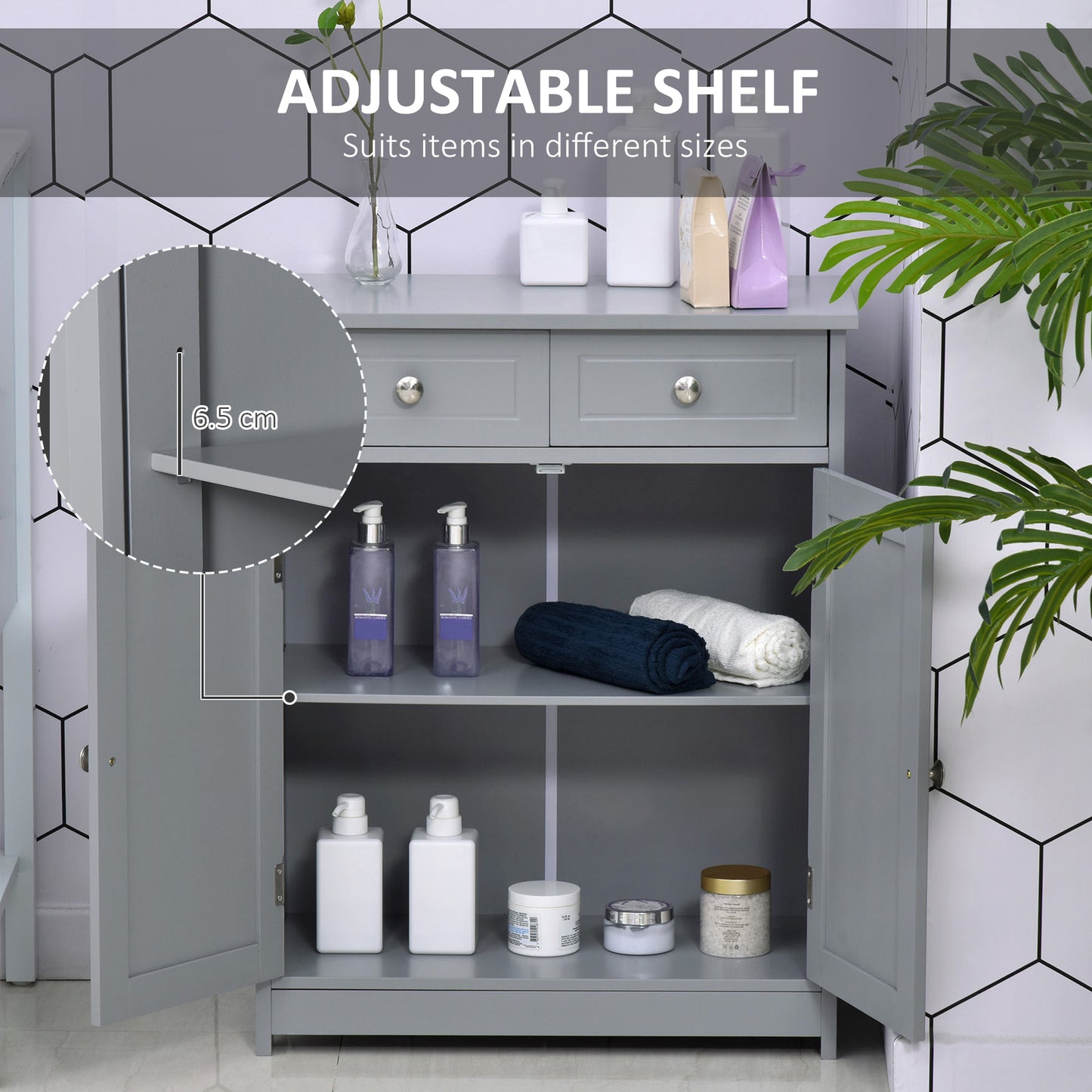 Letare Freestanding Bathroom Storage Cabinet With 2 Drawers And Cupboard Traditional Grey Finish 75x60cm
