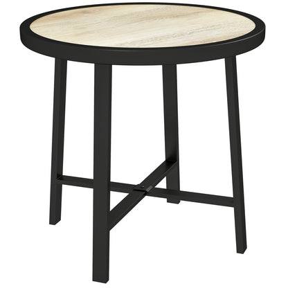 Moreve Black and Natural Wood Effect Round Outdoor Side Table With Steel Frame