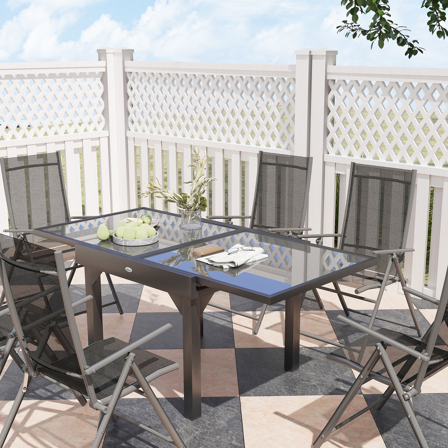 Cosuri 6 Seater Grey Mesh Outdoor Dining Set with Extendable Table and Folding Chairs