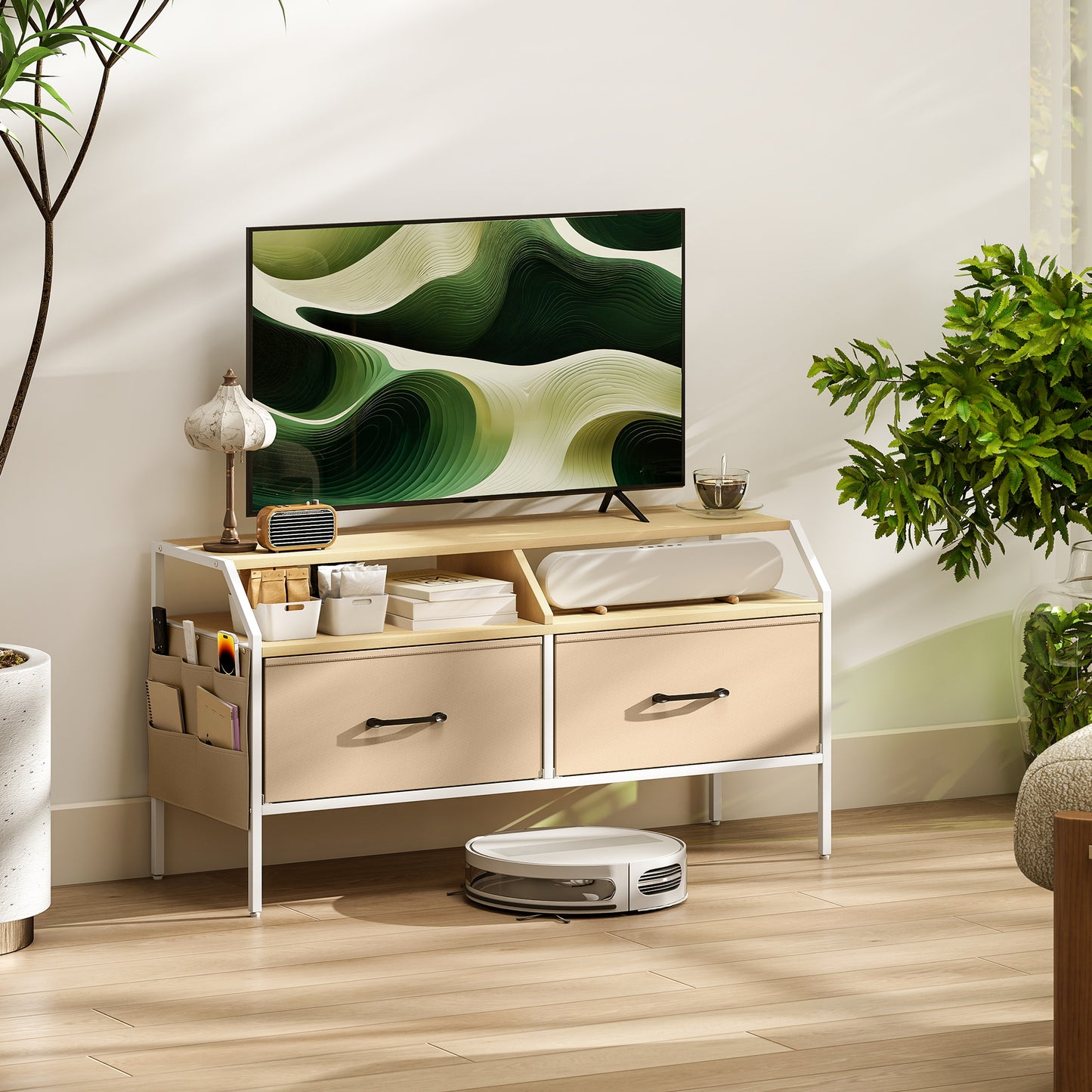 Avamira Small 98cm Natural and White TV Stand With Foldable Drawers for TV's up to 55 Inches