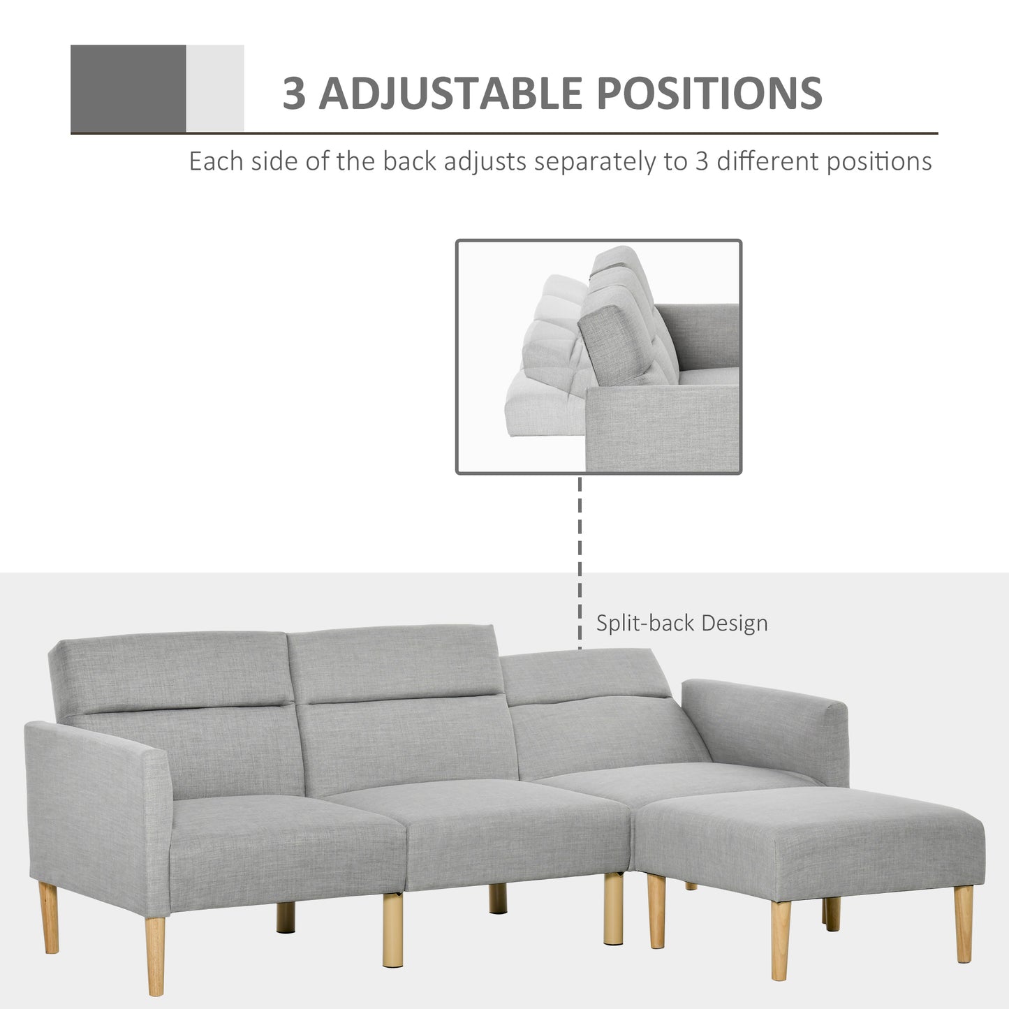 Nosove Diri Linen Light Grey Corner Sofa Bed Set With Footstool And Rubberwood Legs
