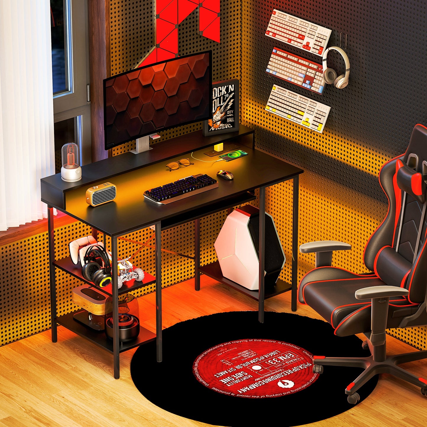 Dino 120cm Black Gaming Desk With LED Lighting Power Outlets Monitor Stand And Keyboard Tray