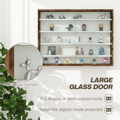 Fitora Wood And Glass Rustic Brown 5 Tier Wall Display Cabinet With Adjustable Shelves 60 x 80 cm