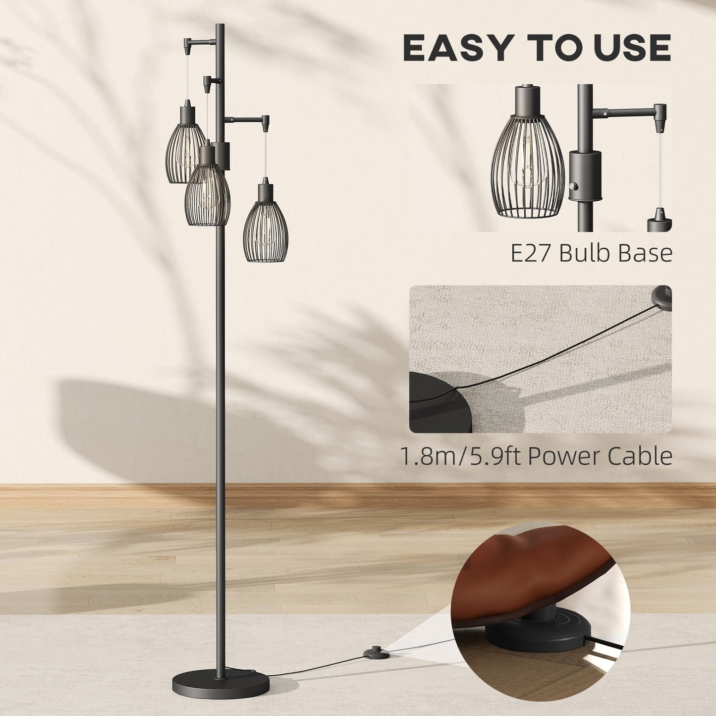 Tane Metal Black Industrial 3 Light LED Floor Lamp With Wire Cage Shades