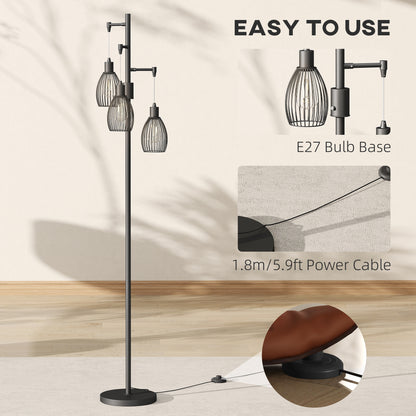 Tane Metal Black Industrial 3 Light LED Floor Lamp With Wire Cage Shades
