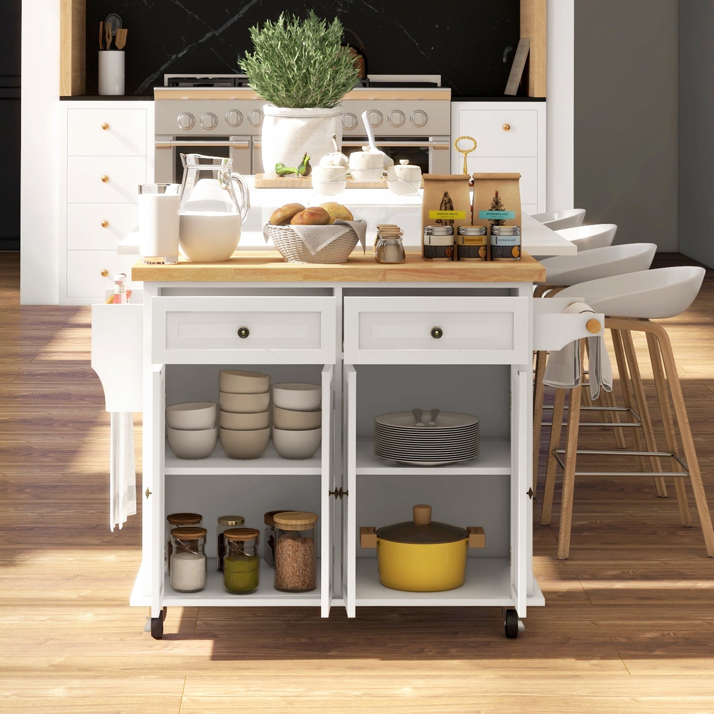 Vivali Rubberwood And Wooden Cream White Rolling Kitchen Island With Drawers And Storage