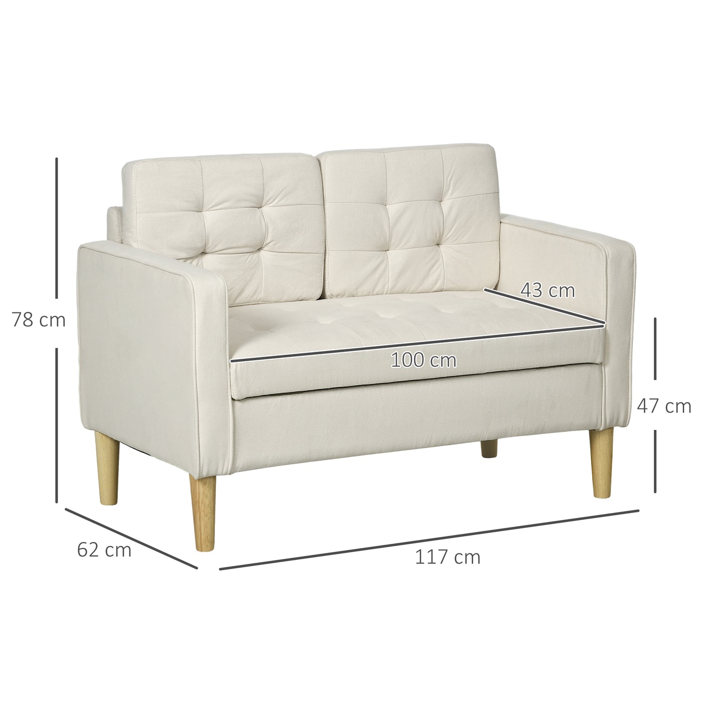 Motono Off White Compact 2 Seater Sofa With Hidden Storage Tufted Seat