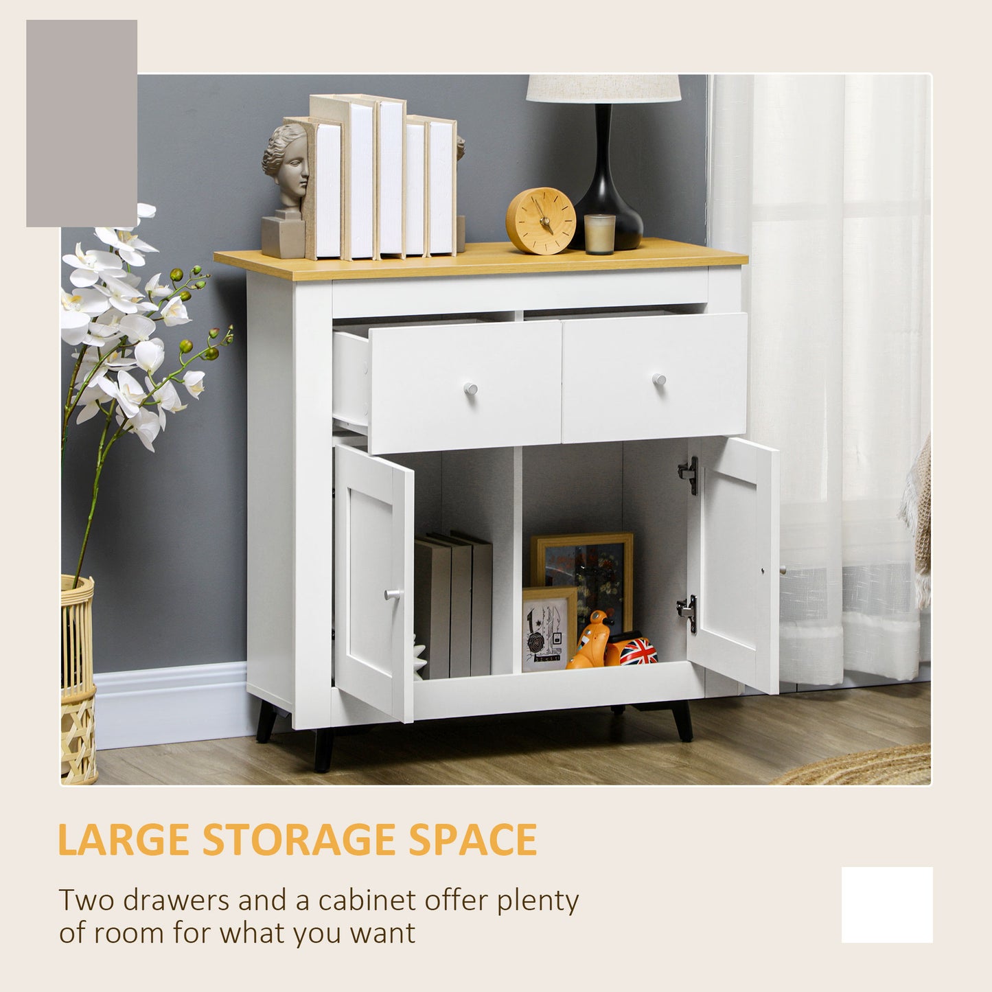 Dielro White and Natural Wooden Farmhouse Sideboard With Double Doors And 2 Storage Drawers