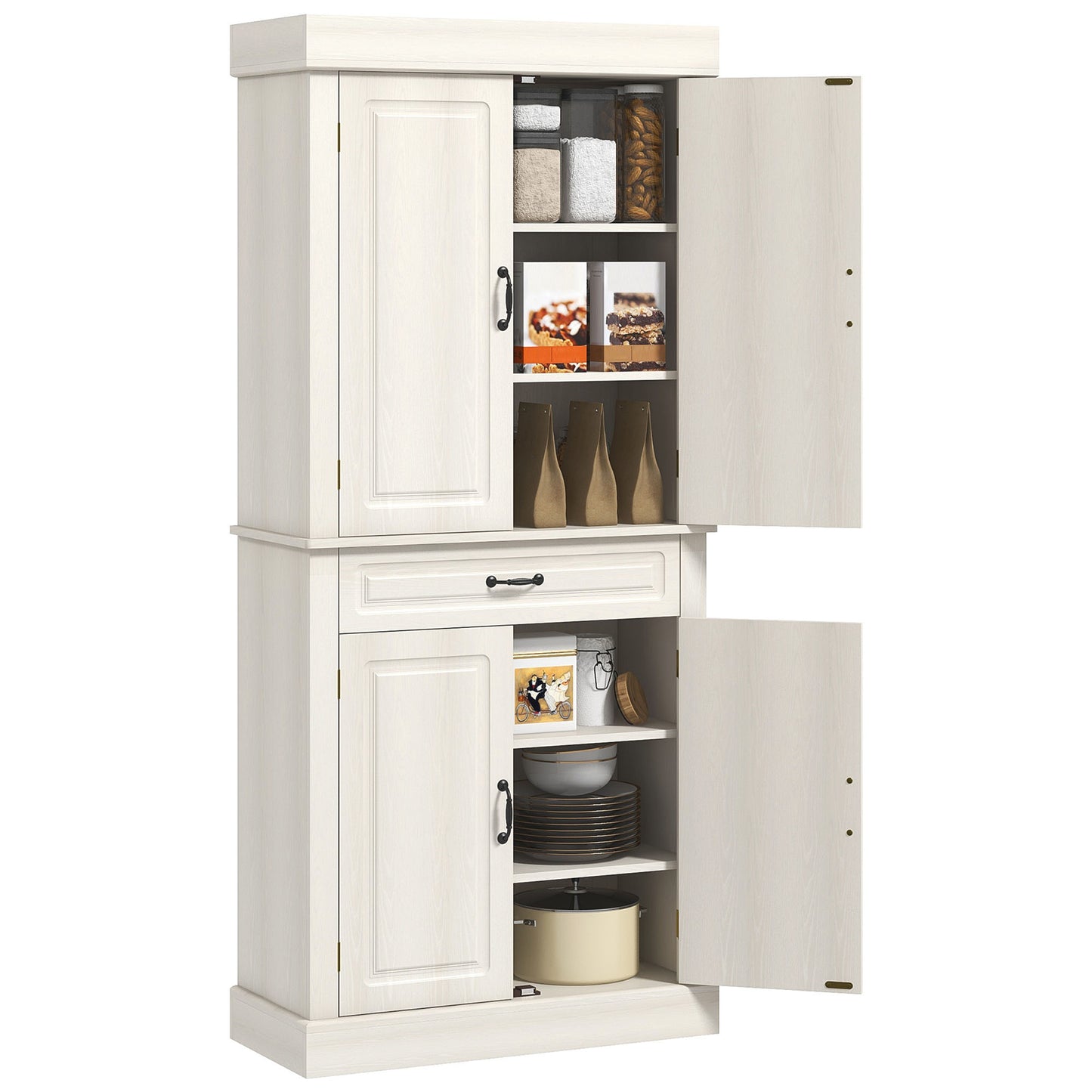 Tokeri Wooden Cream White Tall Kitchen Pantry Cabinet 4 Doors And Storage Shelves