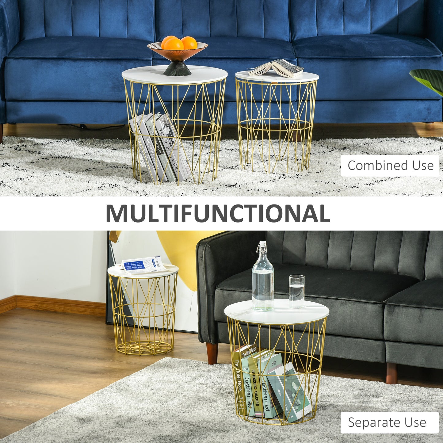 Tokael Metal And Wood White Set Of 2 Round Nesting Side Tables With Storage And Removable Tops
