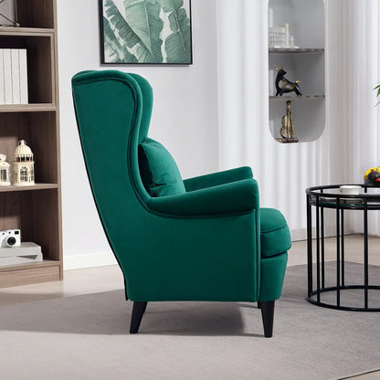Velvet Dark Green Wingback Accent Chair With High Back Pillow And Wooden Legs