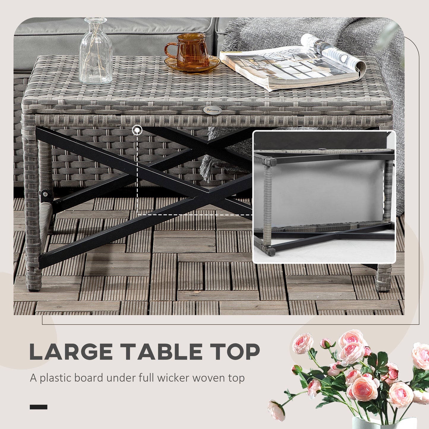 Donori Grey Rattan Outdoor Coffee Table With X Frame with Woven Top