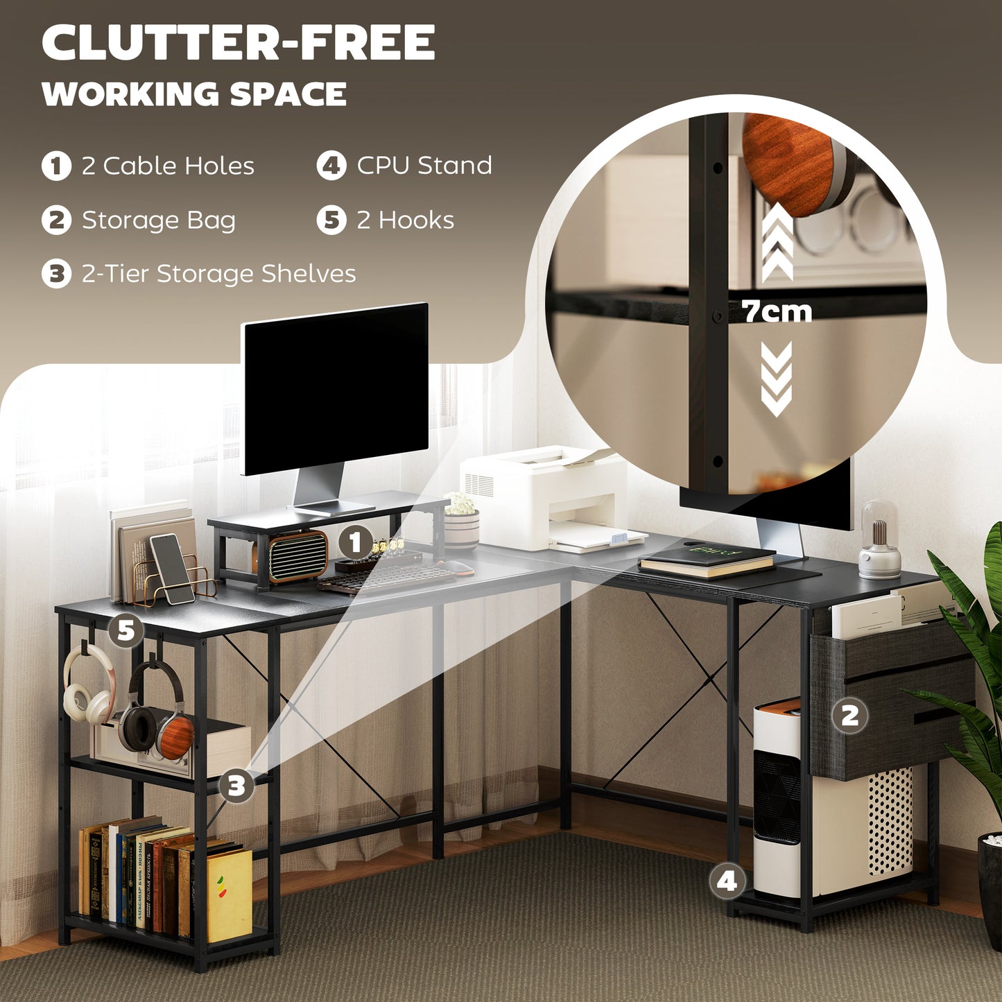 Kadoso 168cm Black Reversible Industrial L Shaped Desk With Adjustable Shelves And Monitor Stand