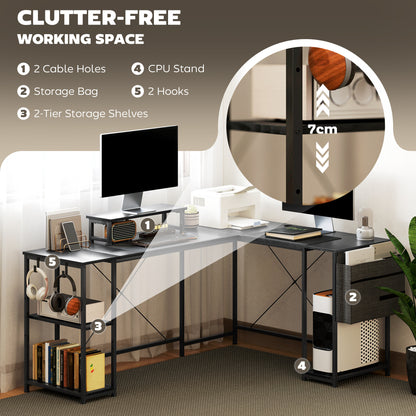 Kadoso 168cm Black Reversible Industrial L Shaped Desk With Adjustable Shelves And Monitor Stand