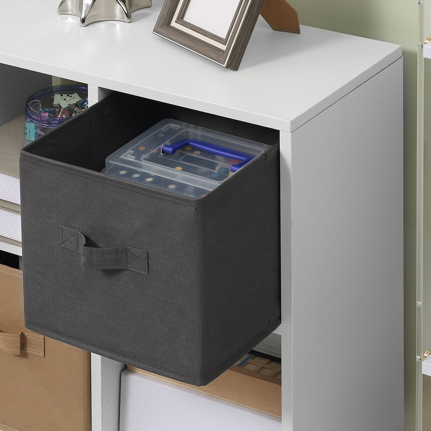 Nadiro Wooden White 6 Cube Storage Unit With 3 Fabric Drawers And OFauxn Shelves