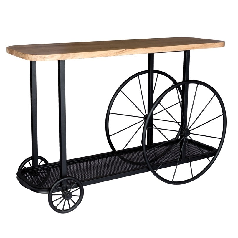 Shanghai Industrial Oak and Black Modern Wheel Console Table