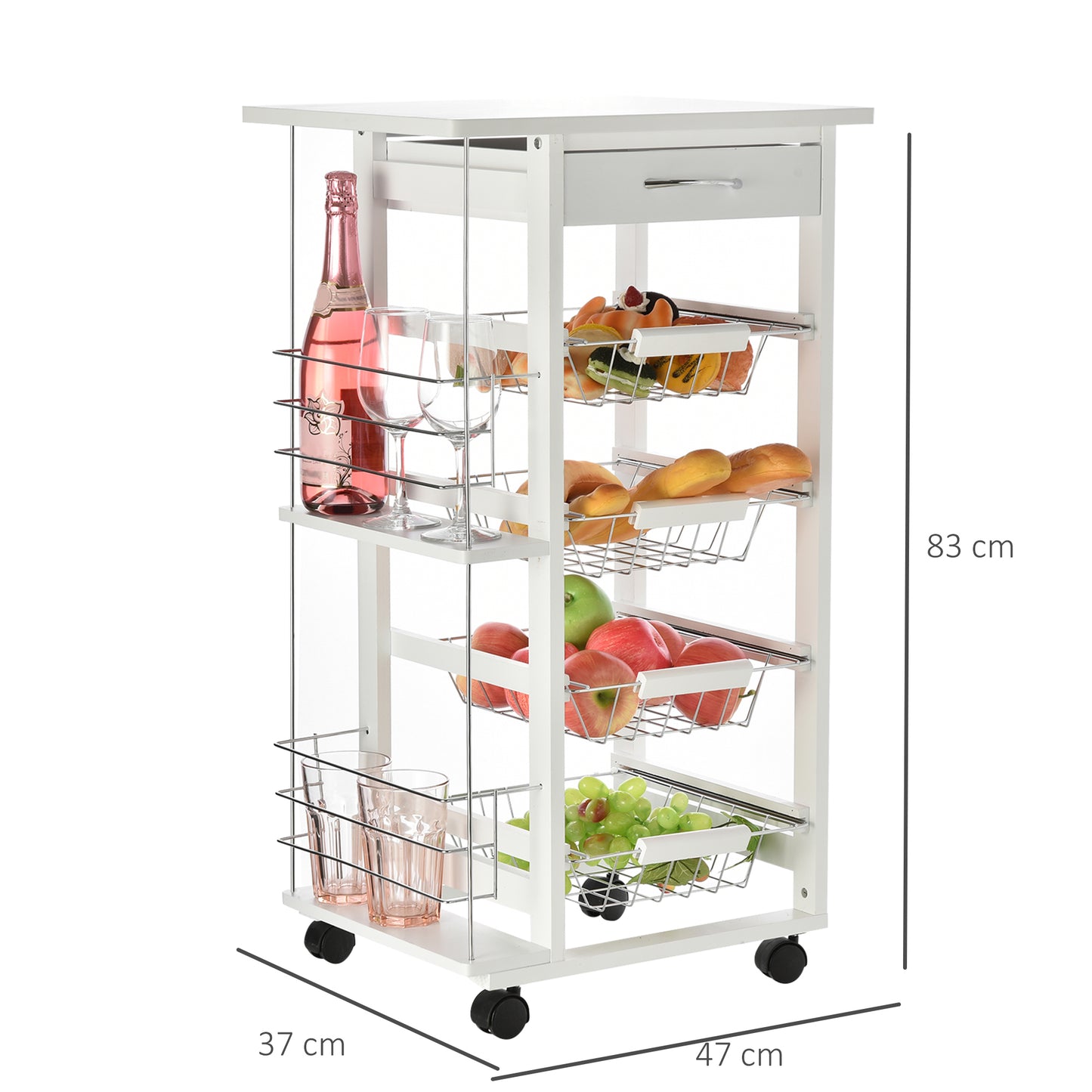 Tore Metal White Rolling Kitchen Cart With 4 Basket Drawers And Side Racks