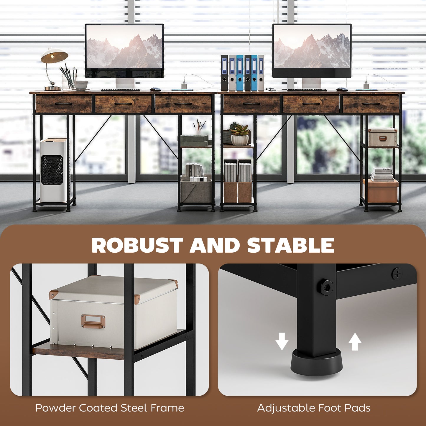 Hariva 120cm Wooden Rustic Brown Home Office Desk With Power Sockets 3 Fabric Drawers And 4 Storage Shelves