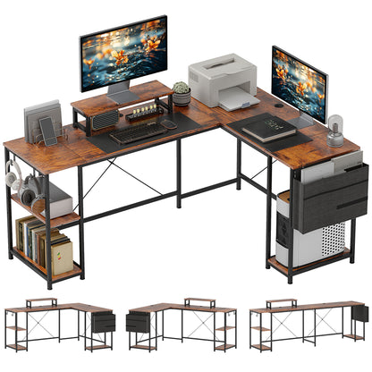 Lesano 168cm Rustic Brow Reversible Industrial L Shaped Desk With Adjustable Shelves And Monitor Stand