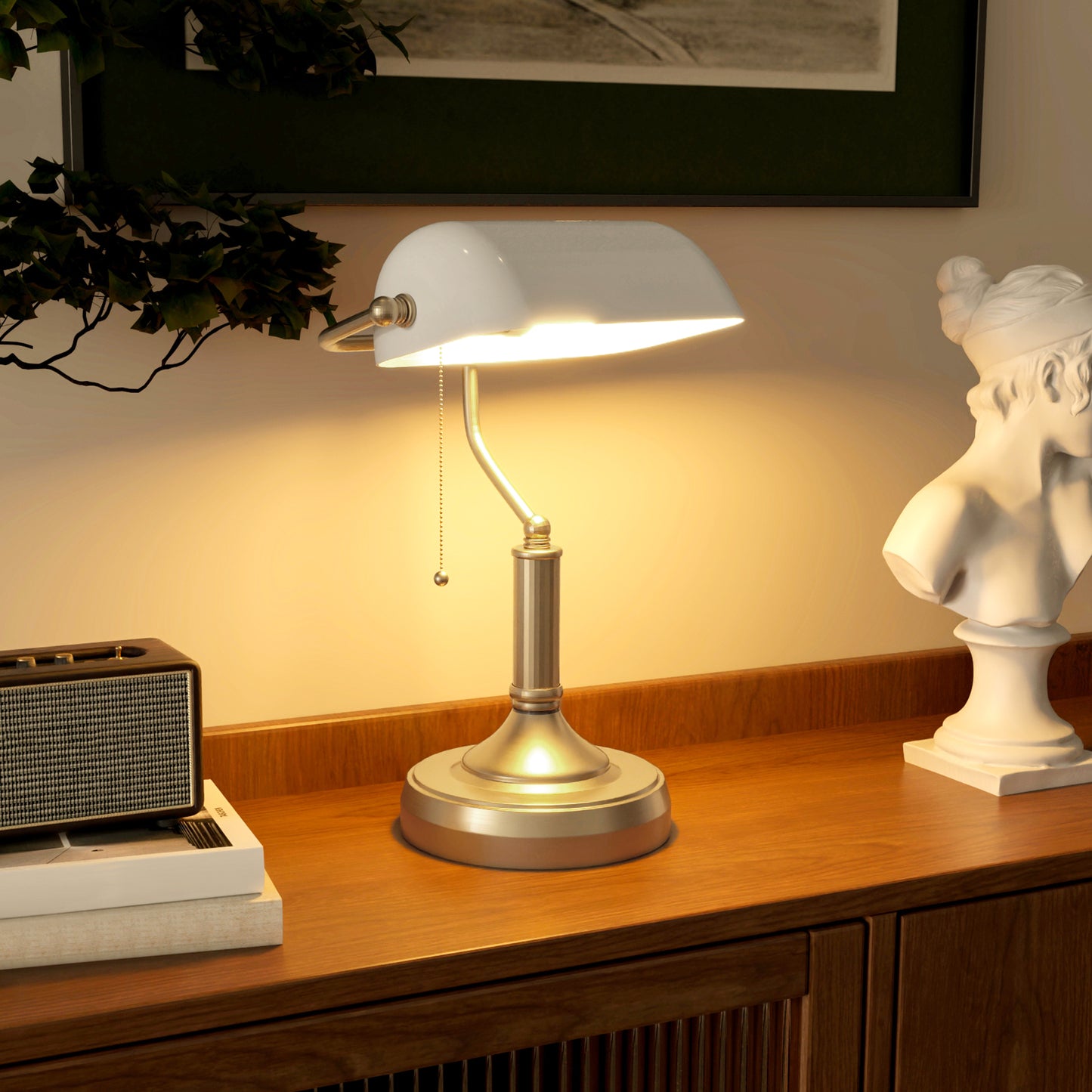 Yori Metal And Glass White Bankers Desk Lamp With Antique Bronze Tone Base