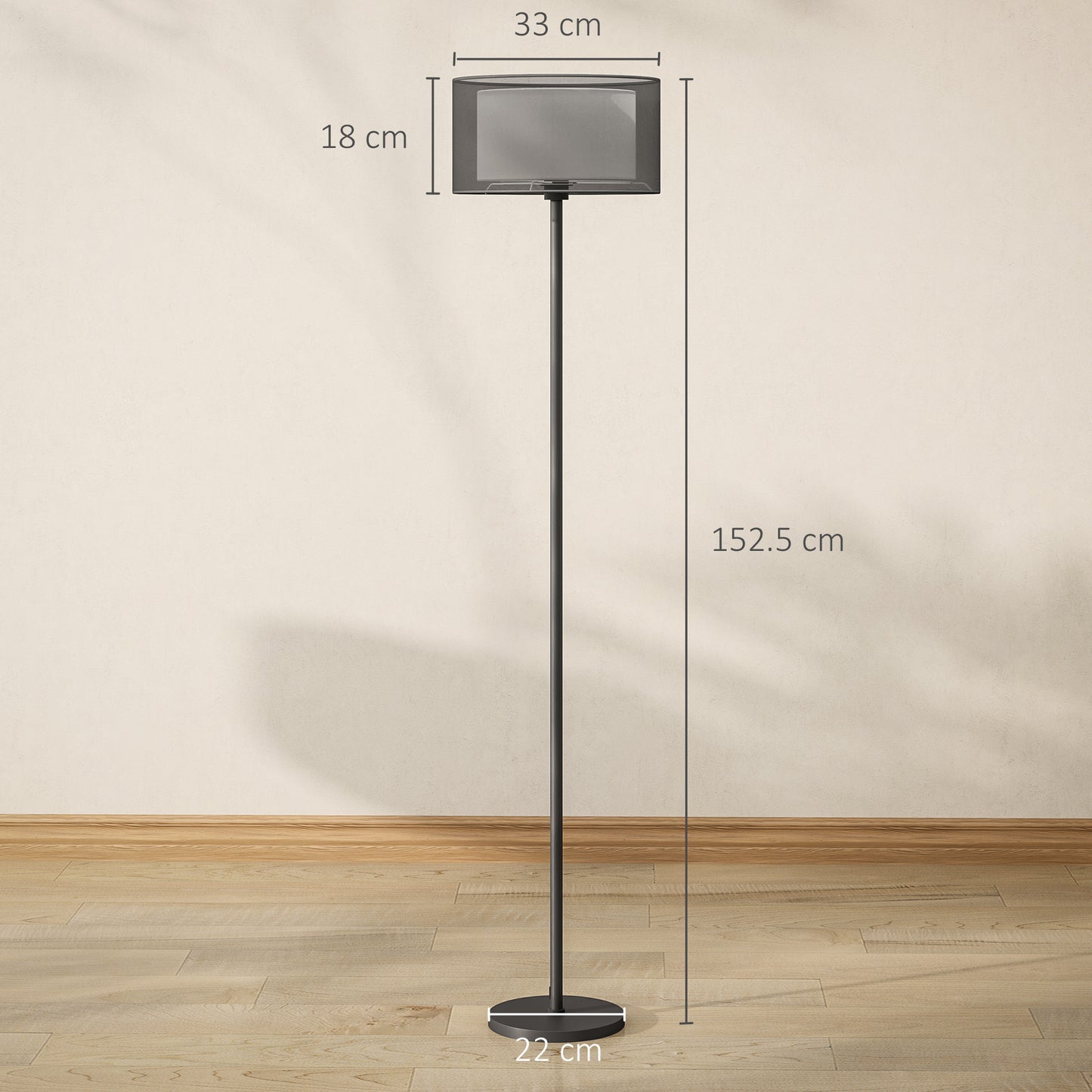 Mira Metal And Fabric Black Minimalist Floor Lamp With Double Layer Shade And Foot Switch