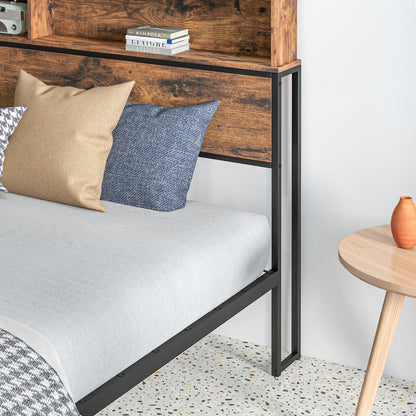 Selofa 5FT2 Brown and Black Metal Industrial King Bed Frame with Shelves