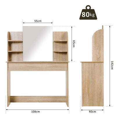 Vermani Natural Wood Dressing Table Desk With Mirror Large Drawers And 2 Tier Open Shelving For Bedroom