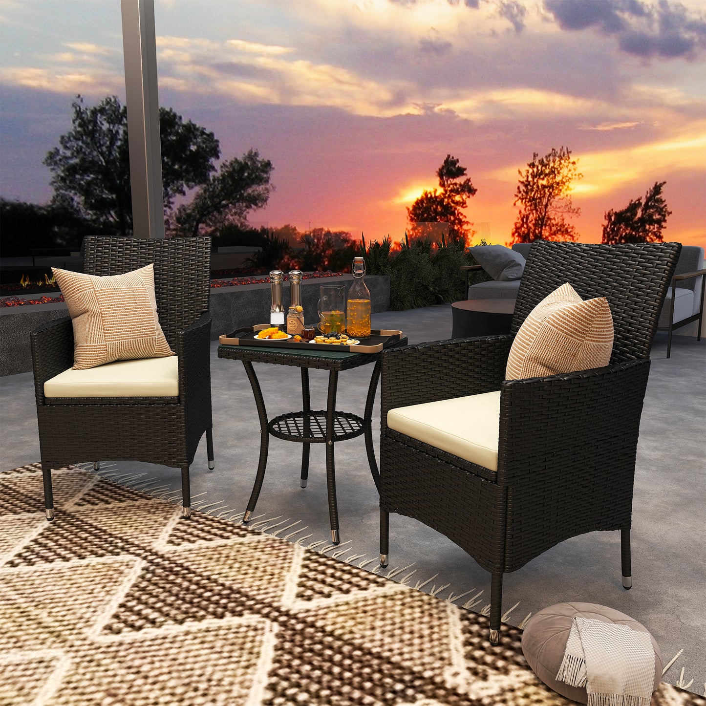 Rafifi Black Rattan 3 Piece Outdoor Bistro Set With Cushions And 2 Tier Coffee Table