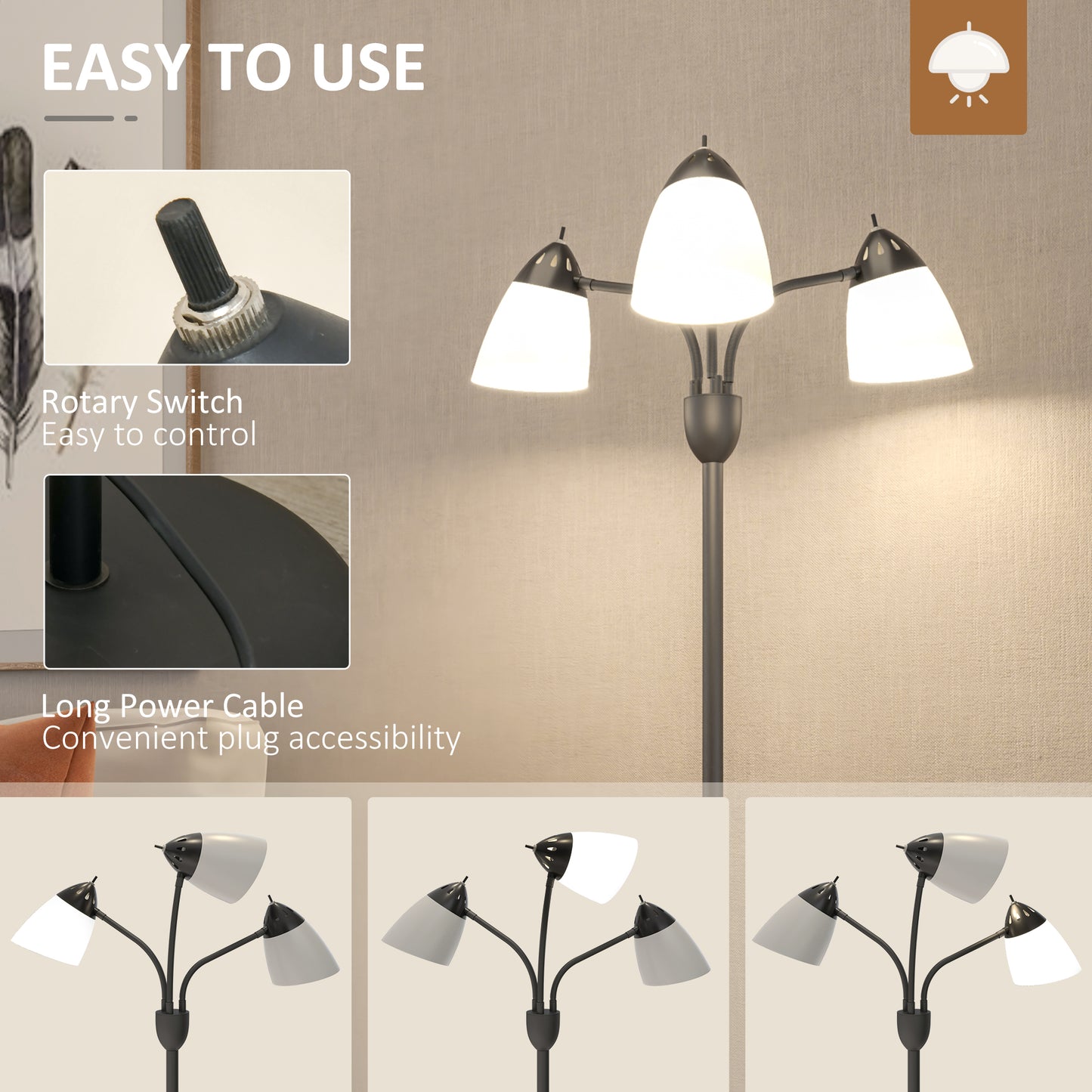 Diyoni Metal Black Arc Style Tree Floor Lamp With 3 Adjustable Rotating Lights 155 cm