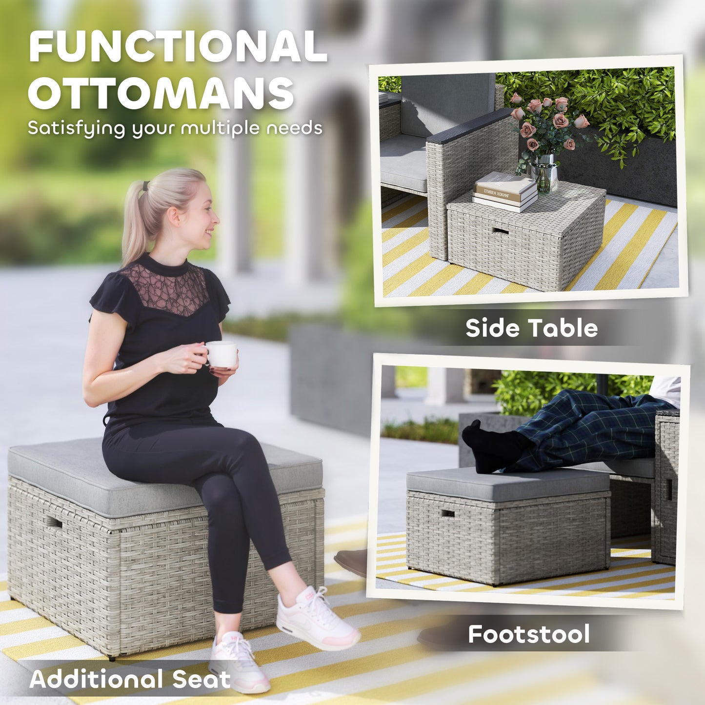 Naleni Grey Rattan  5 Piece Nesting Outdoor Bistro Set With Footstools Storage Coffee Table
