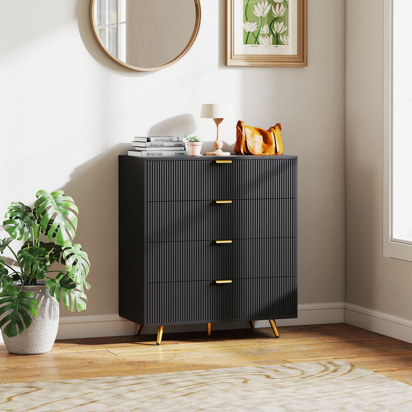 Disu Wooden Black Elegant 4 Drawer Bedside Storage Table