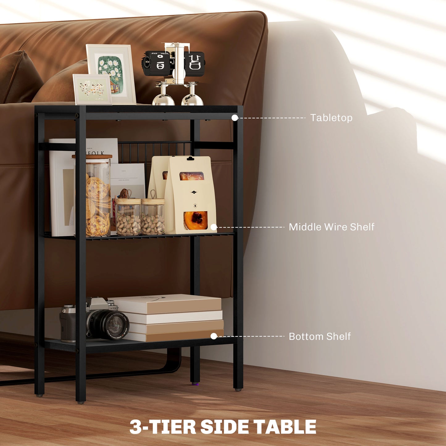Notosu Metal And Wooden Black Industrial 3 Shelf Side Table
