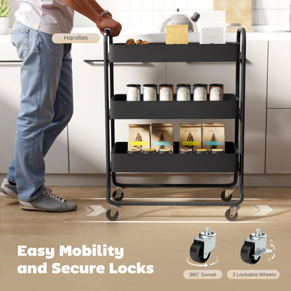 Rakemi Metal Black 3 Tier Rolling Utility Trolley With Mesh Baskets