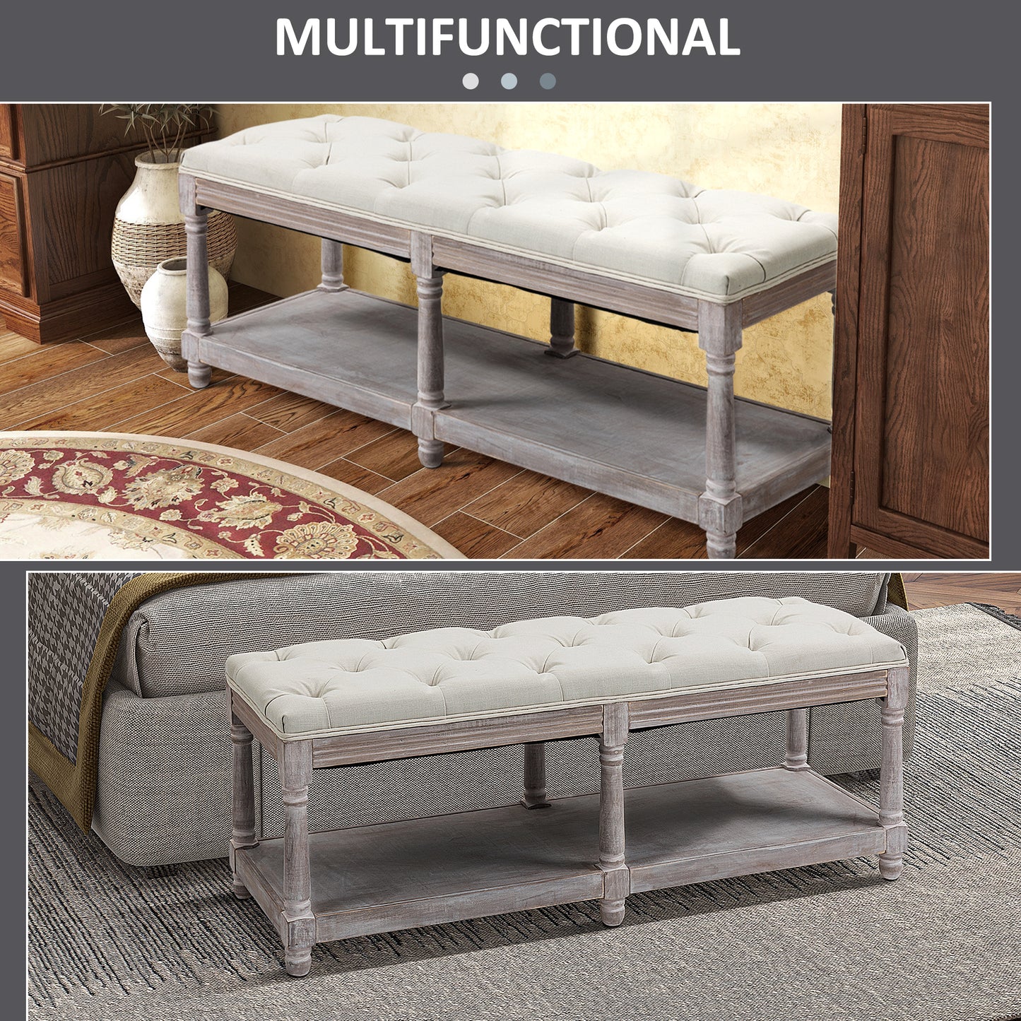 Lono Cream  2 Tier Vintage Style Bed End Bench With Storage Shelf Tufted Diamond