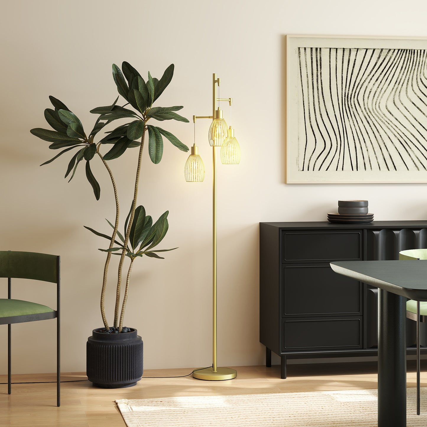 Rodi Metal Gold Tone Industrial 3 Light Floor Lamp With Wire Cage Shades